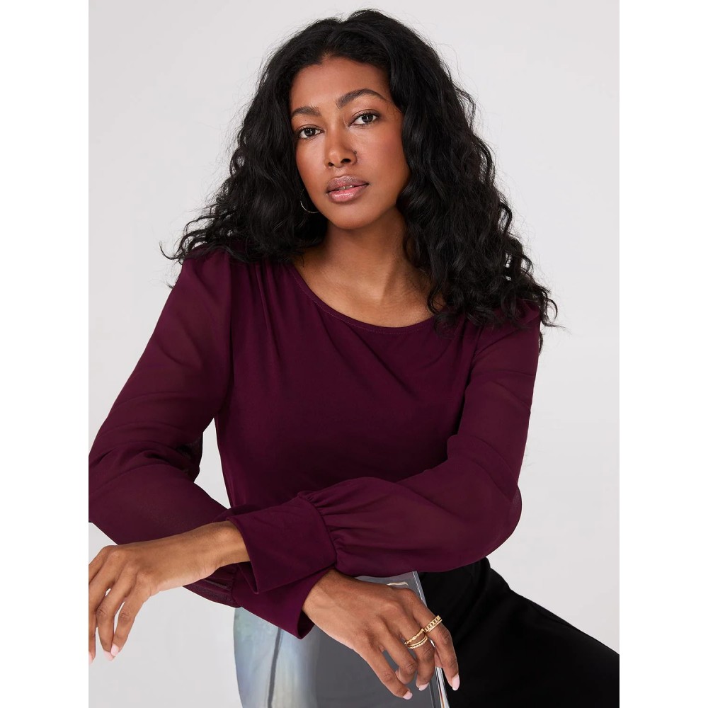 Long Chiffon Sleeve Boat Neck Top