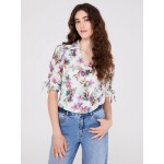 Floral Print Split Neck Tie Sleeve Blouse