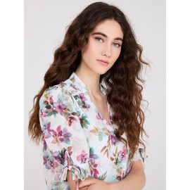 Floral Print Split Neck Tie Sleeve Blouse