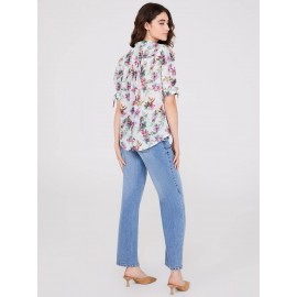 Floral Print Split Neck Tie Sleeve Blouse