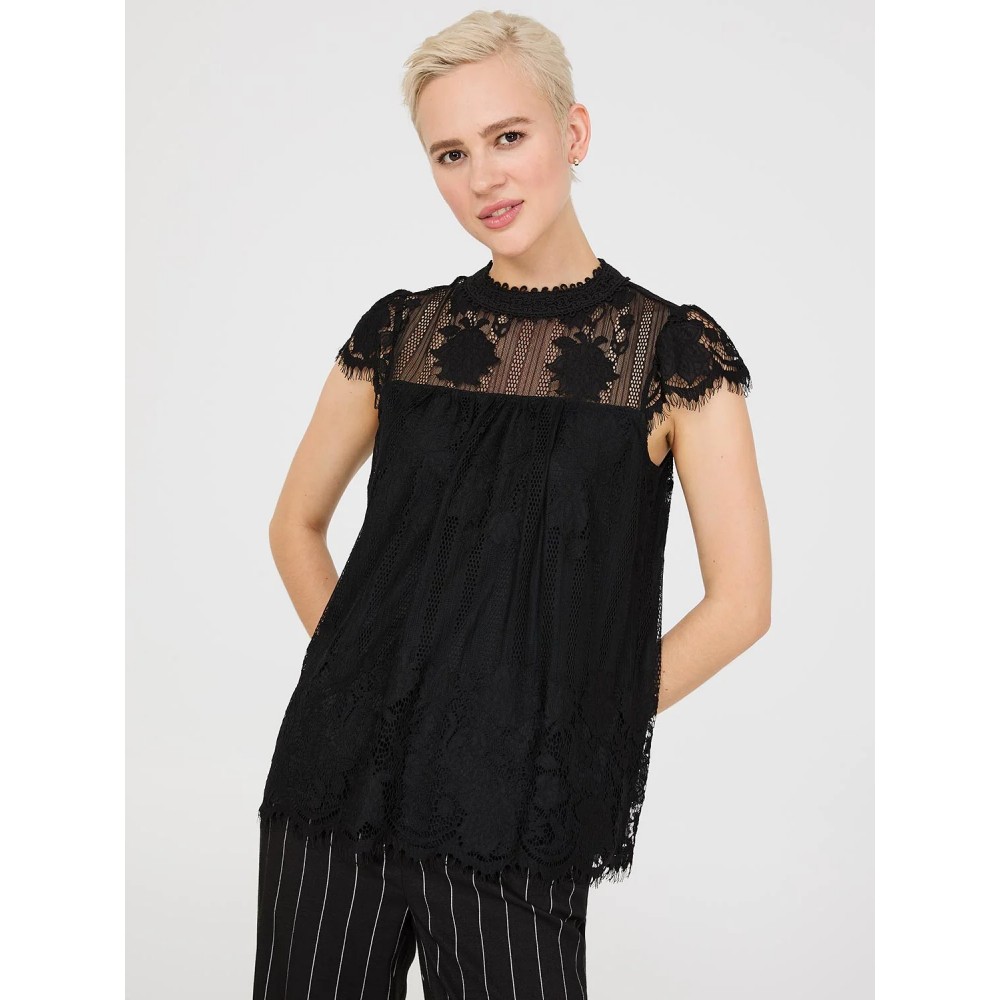 Lace Cap Sleeve Top With Crochet Detail
