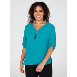 Print Zip Front V-Neck Top
