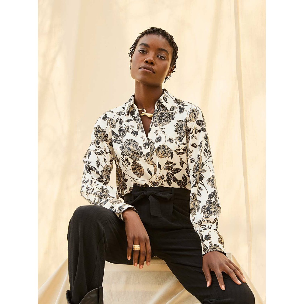 Floral Print Satin Button-Front Blouse