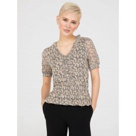 Printed Textured V-Neck Top With Smocked Bottom Band