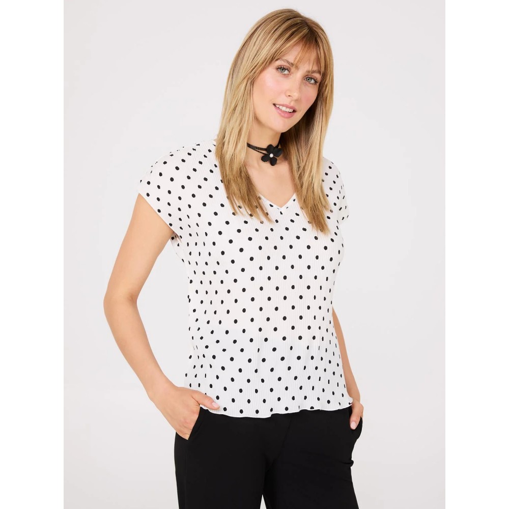 Dot Print V-Neck Pleated Top