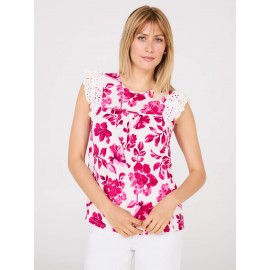 Watercolour Floral Print Top With Eyelet Ruffle Sleeves