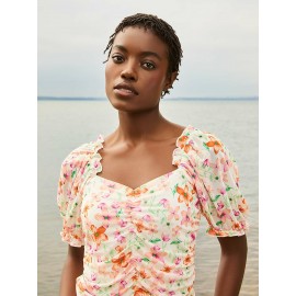 Printed Sweetheart Neckline Top With Puff Sleeves