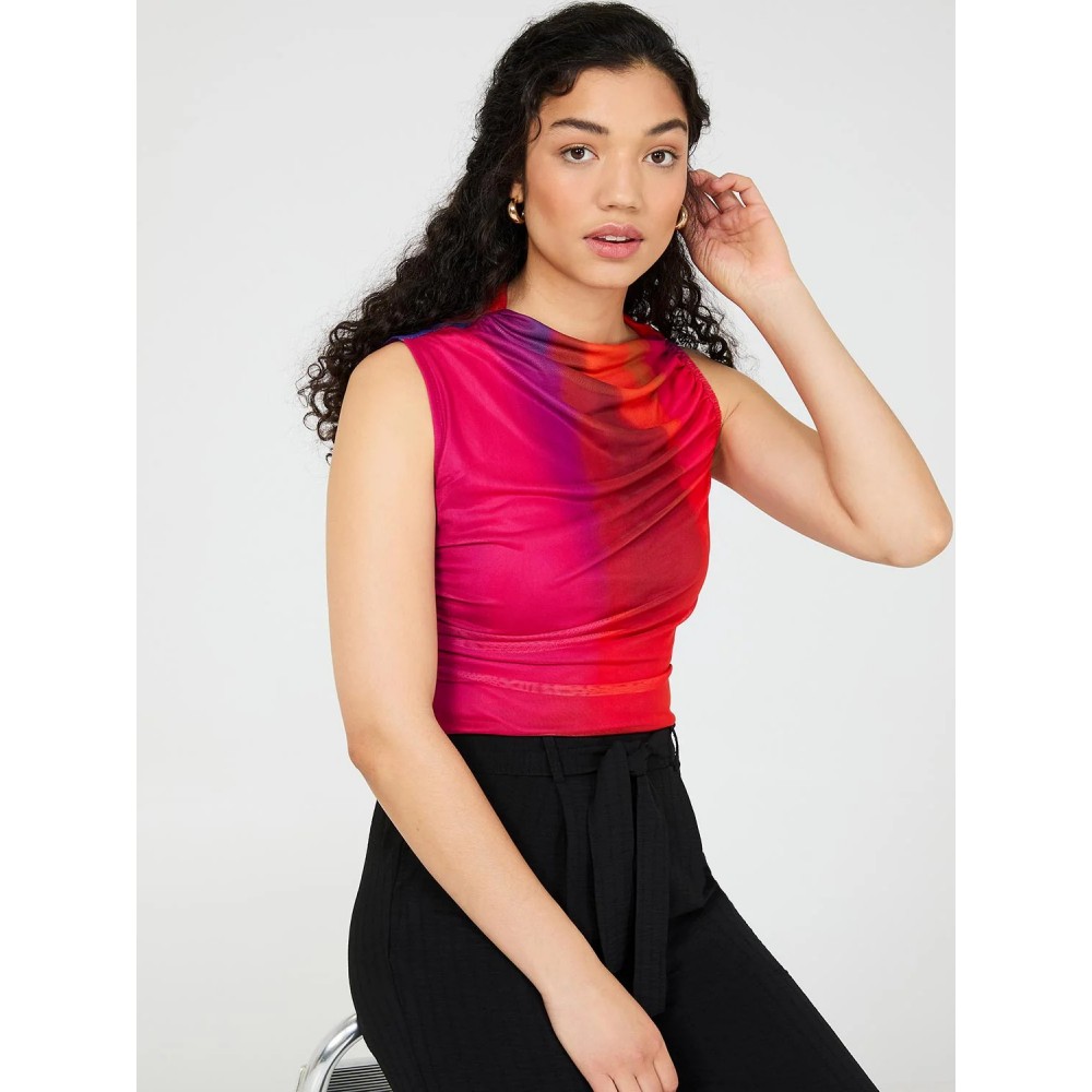 Colourwash Asymmetrical Neckline Mesh Top