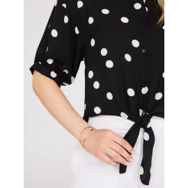 Polka Dot Button-Up Short Sleeve Blouse