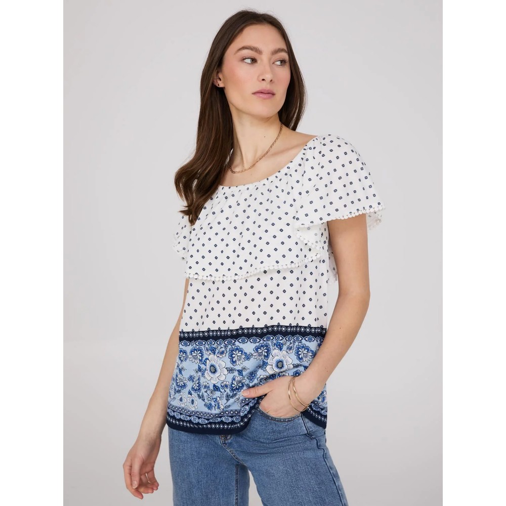 Off-The-Shoulder Textured Top With Border Print