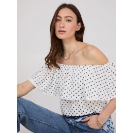 Off-The-Shoulder Textured Top With Border Print