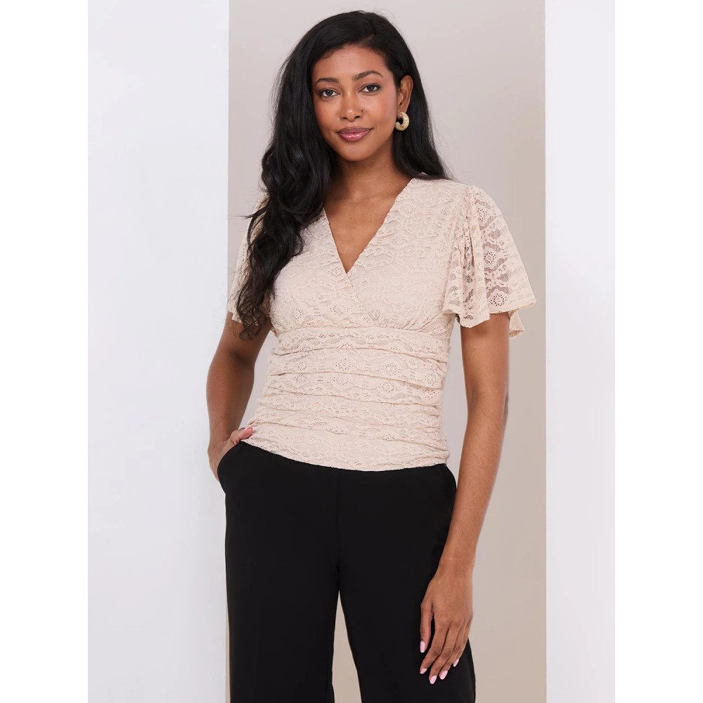 Lace Cross-Front Top With Flutter Sleeves