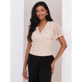 Lace Cross-Front Top With Flutter Sleeves