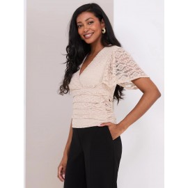 Lace Cross-Front Top With Flutter Sleeves