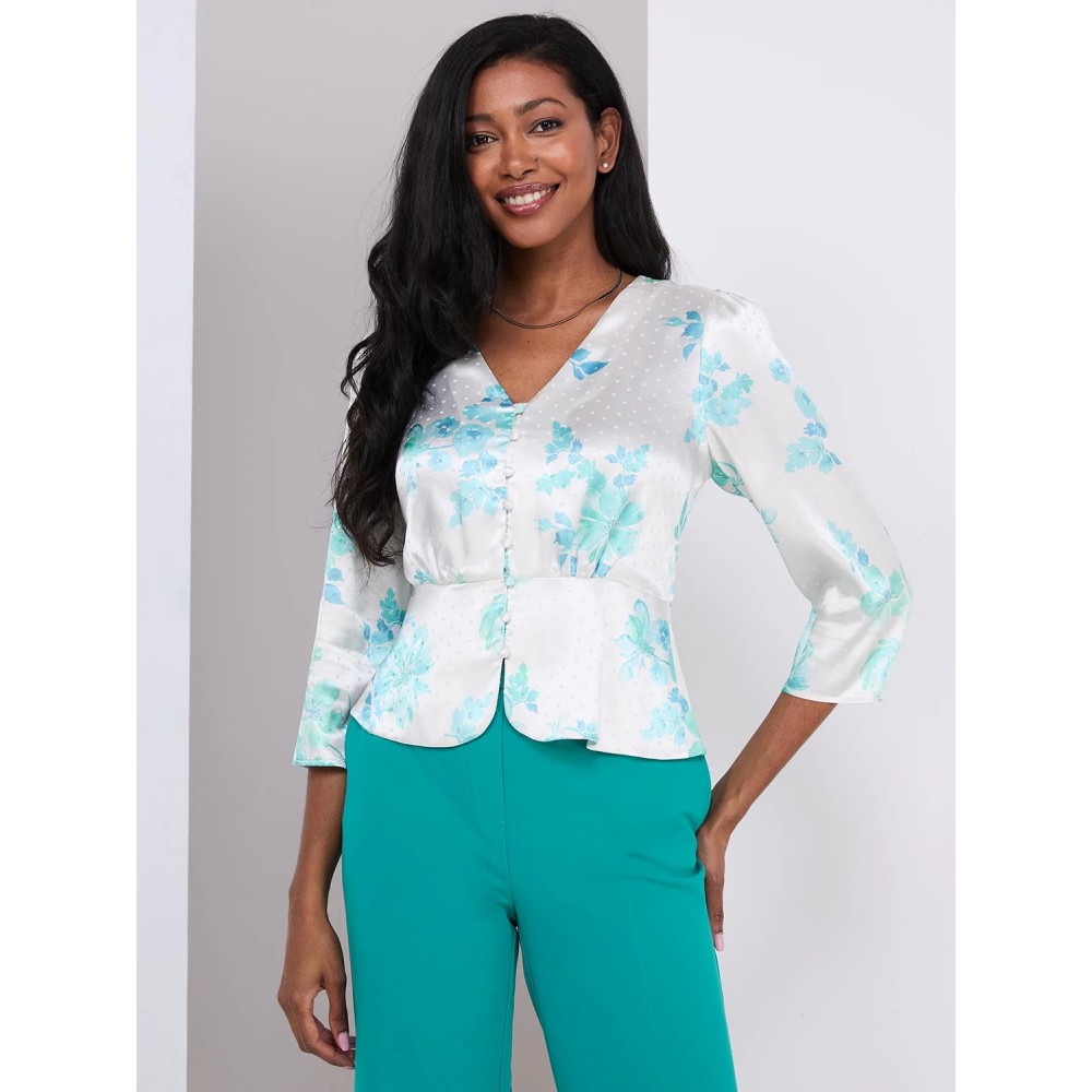 Floral Print Satin Button-Front Peplum Blouse