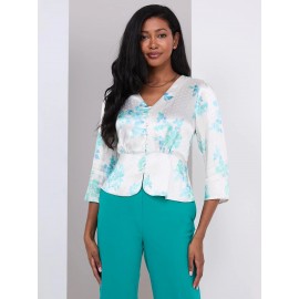 Floral Print Satin Button-Front Peplum Blouse