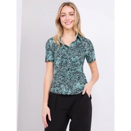 Leaf Print Button-Front Short Sleeve Blouse