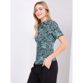 Leaf Print Button-Front Short Sleeve Blouse