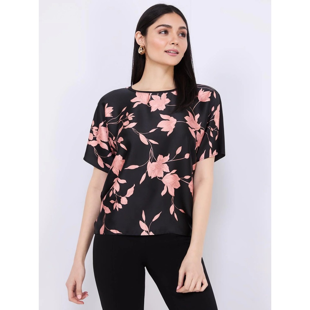 Floral Print Satin Front Dolman Sleeve T-Shirt