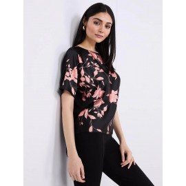 Floral Print Satin Front Dolman Sleeve T-Shirt