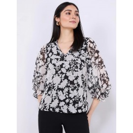 Floral Print Chiffon V-Neck Popover Blouse