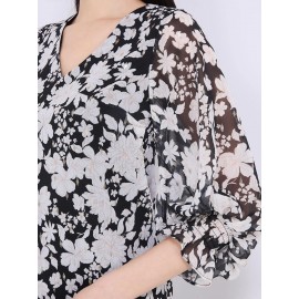 Floral Print Chiffon V-Neck Popover Blouse