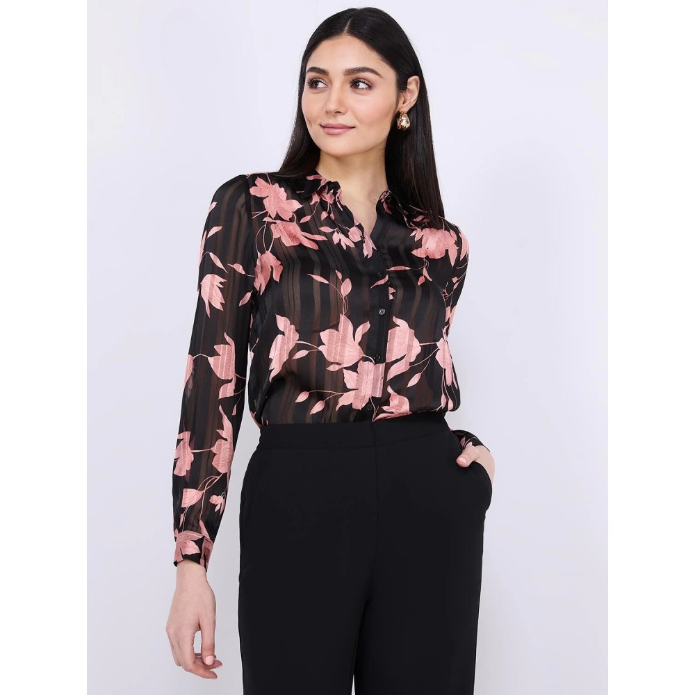 Floral Print Shadow Stripe Button-Front Blouse