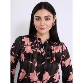 Floral Print Shadow Stripe Button-Front Blouse