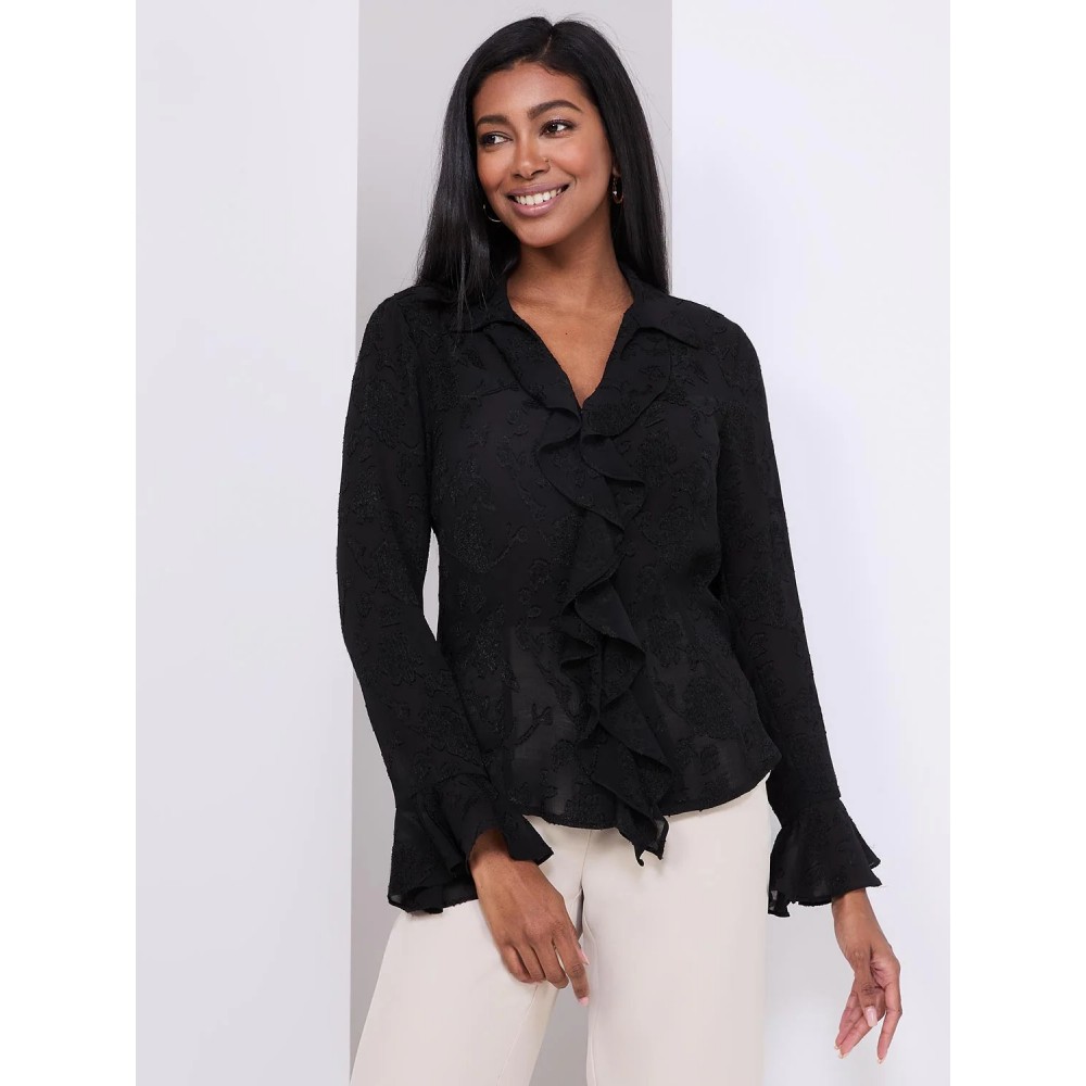 Textured Button-Front Blouse With Ruffle Details