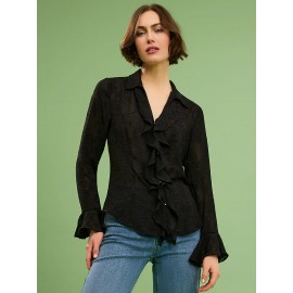 Textured Button-Front Blouse With Ruffle Details