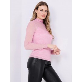 Crinkle Mesh Top With Metallic Mock Neck