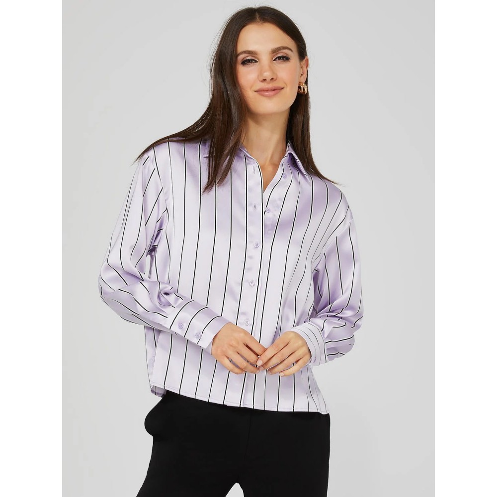 Waisted Striped Satin Button-Front Blouse