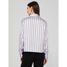 Waisted Striped Satin Button-Front Blouse