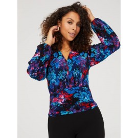 Floral Print V-Neck Plisse Long Sleeve Top