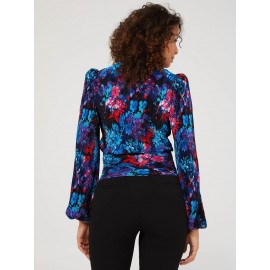 Floral Print V-Neck Plisse Long Sleeve Top