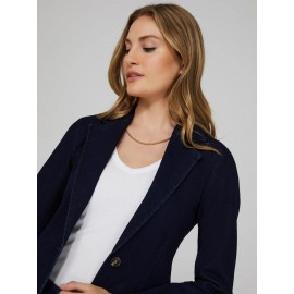 One-Button Denim Blazer With Flap Pockets