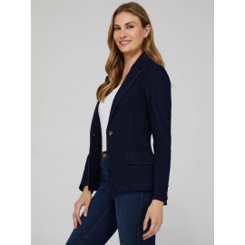 One-Button Denim Blazer With Flap Pockets