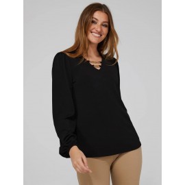 Textured Crepe Long Sleeve Top With Metal Chain Detail