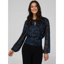 Paisley Print Mesh Top With Pleated Bottom Band