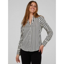 Striped Satin Split Neck Button-Front Blouse