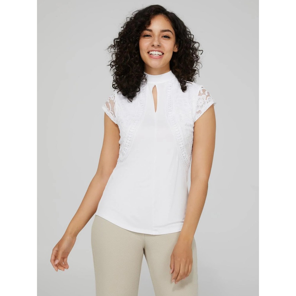 Keyhole Mock Neck Top With Lace Detail