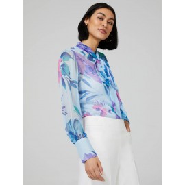 Floral Print Chiffon Blouse With Neck Tie