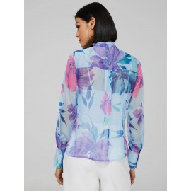 Floral Print Chiffon Blouse With Neck Tie