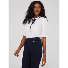 Ruffled Contrast Neckline V-Neck Top