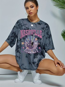 Tie Dye Letter Rock Music Guitar Print Tee, Summer Round Neck Casual Sports T-shirts, Women's Clothing