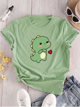Cartoon Dinosaur Print Casual T-Shirt, Round Neck Short Sleeves Stretchy Versatile Sports Tee, Women's Tops