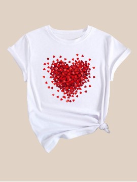Women's Heart Print Crew Neck Short Sleeve Casual Sport T-Shirt
