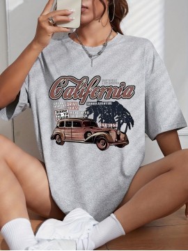 California Letter And Tree Graphic Casal Sports T-shirt, Round Neck Short Sleeves Workout Top, Women's Activewear