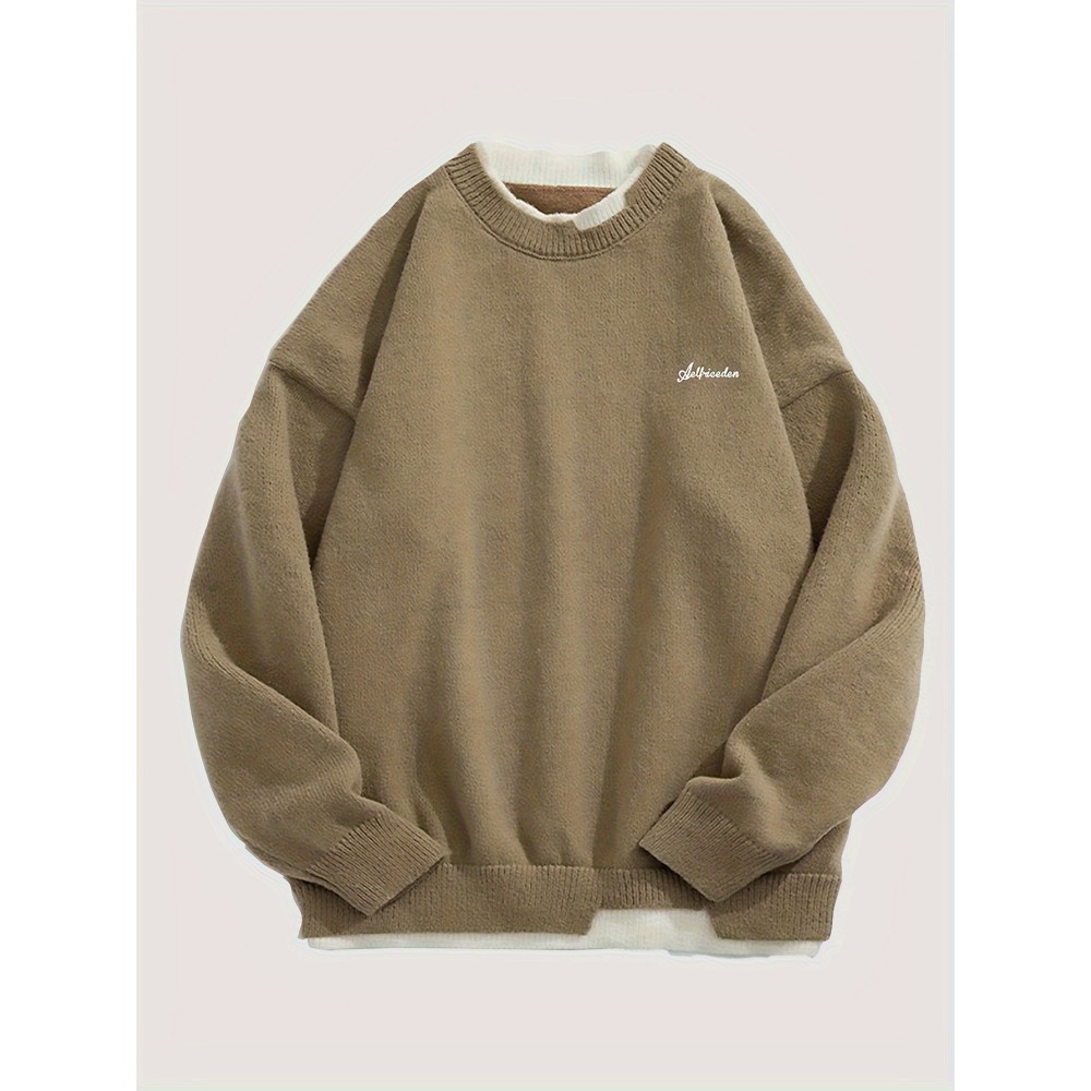 Fake Two Knitted Sweater, Men's Casual Warm Mid Stretch Crew Neck Pullover Sweater For Men Fall Winter