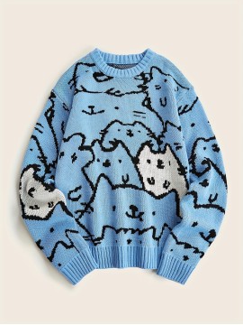 Cute Cats Pattern Knitted Sweater, Men's Casual Warm Slightly Stretch Crew Neck Pullover Sweater For Men Fall Winter